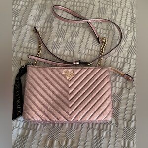 Victoria Secret Chevron Quilt 24/7 Pink Metallic Crackle Glam Crossbody Bag